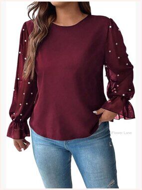 Plus Size Pearl Mesh Lantern Sleeve Blouse Elegant Ruffle Crew Neck Top